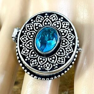 Exotic Swiss Blue Gemstone Poison Pill Box Ring 7.3/4
